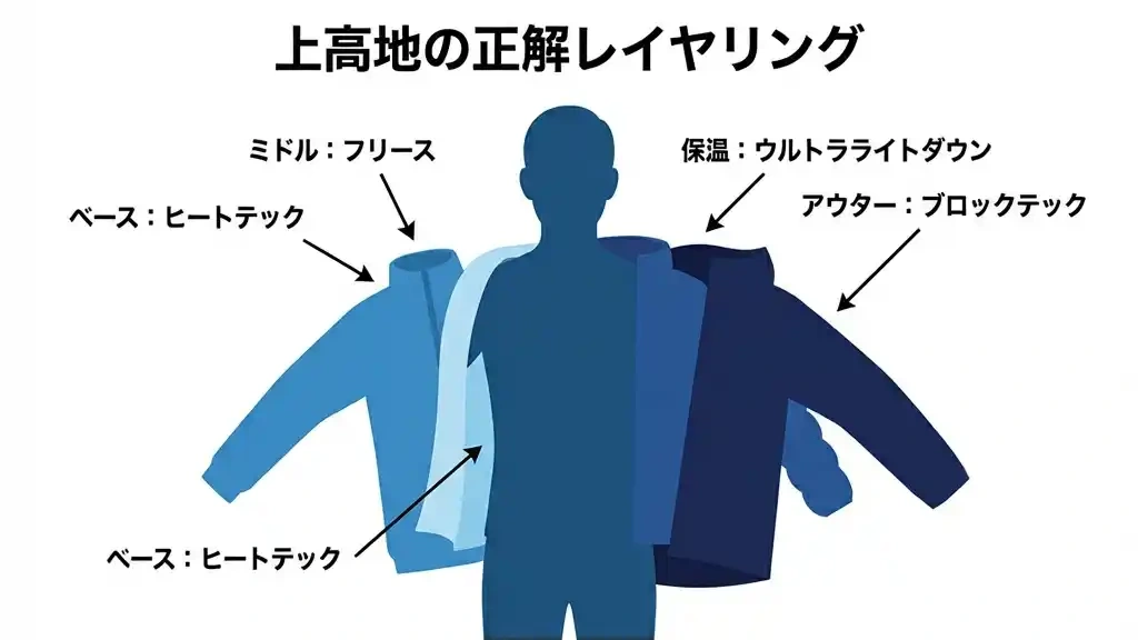 上高地の正解レイヤリング - ベースからアウターまで4層の重ね着図解