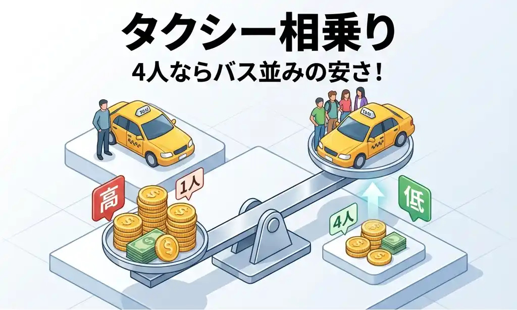 タクシー相乗りのイメージ図: 4人ならバス並みの安さ！