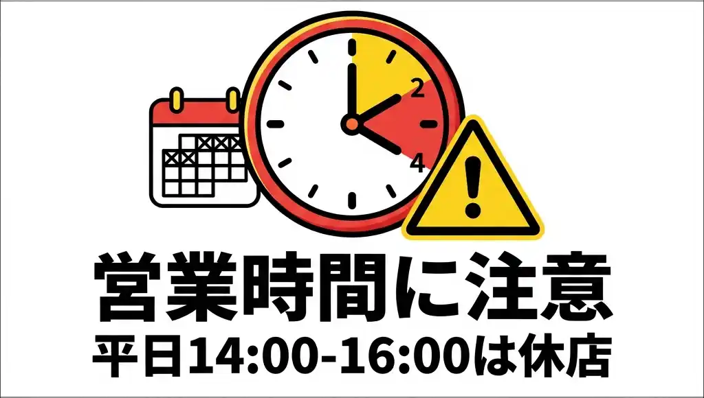 営業時間に注意のイメージ図: 平日14:00-16:00は休店