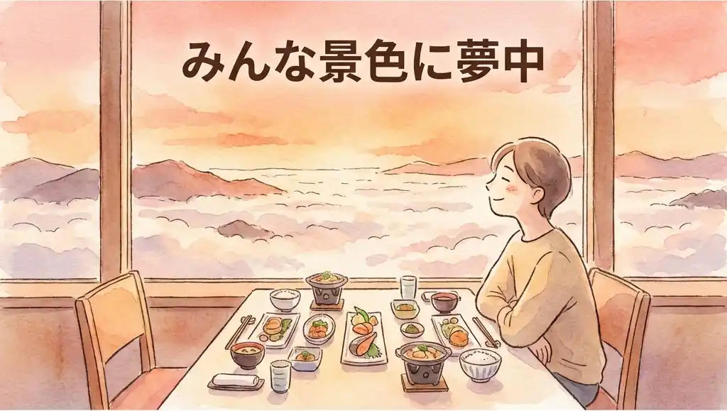 食事会場のイメージ図: みんな景色に夢中