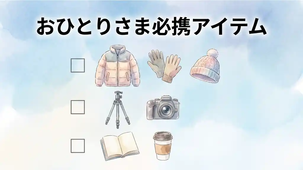 おひとりさま必携アイテムのイメージ図: 持ち物チェックリスト
