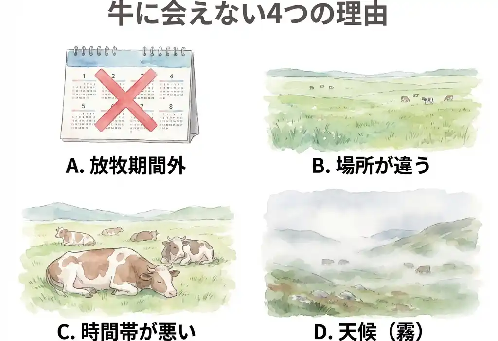 美ヶ原高原で牛に会えない4つの理由を2×2グリッドで図解した水彩イラスト、放牧期間外・場所が違う・時間帯が悪い・霧で見えないの4パターン