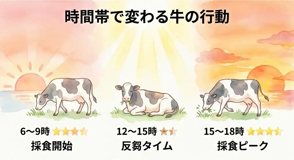 美ヶ原高原で牛が見やすい時間帯を朝・昼・夕の3段階で示すタイムライン形式のイラスト、採食ピークの朝6〜9時と夕方15〜18時を星マークで強調