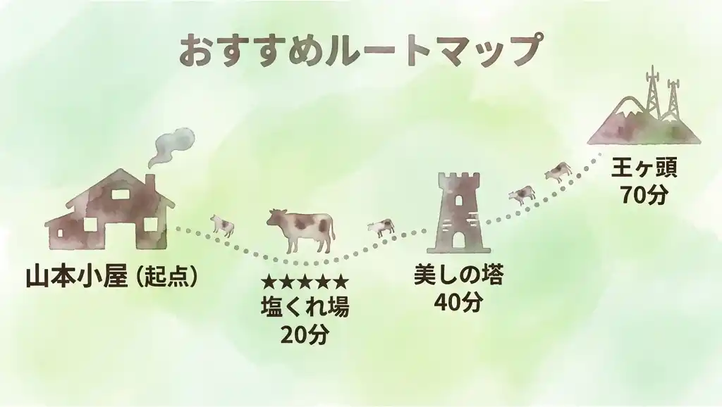 美ヶ原高原で牛に会うためのおすすめルートマップ、山本小屋から塩くれ場・美しの塔・王ヶ頭への徒歩時間を示した鳥瞰図風の水彩イラスト