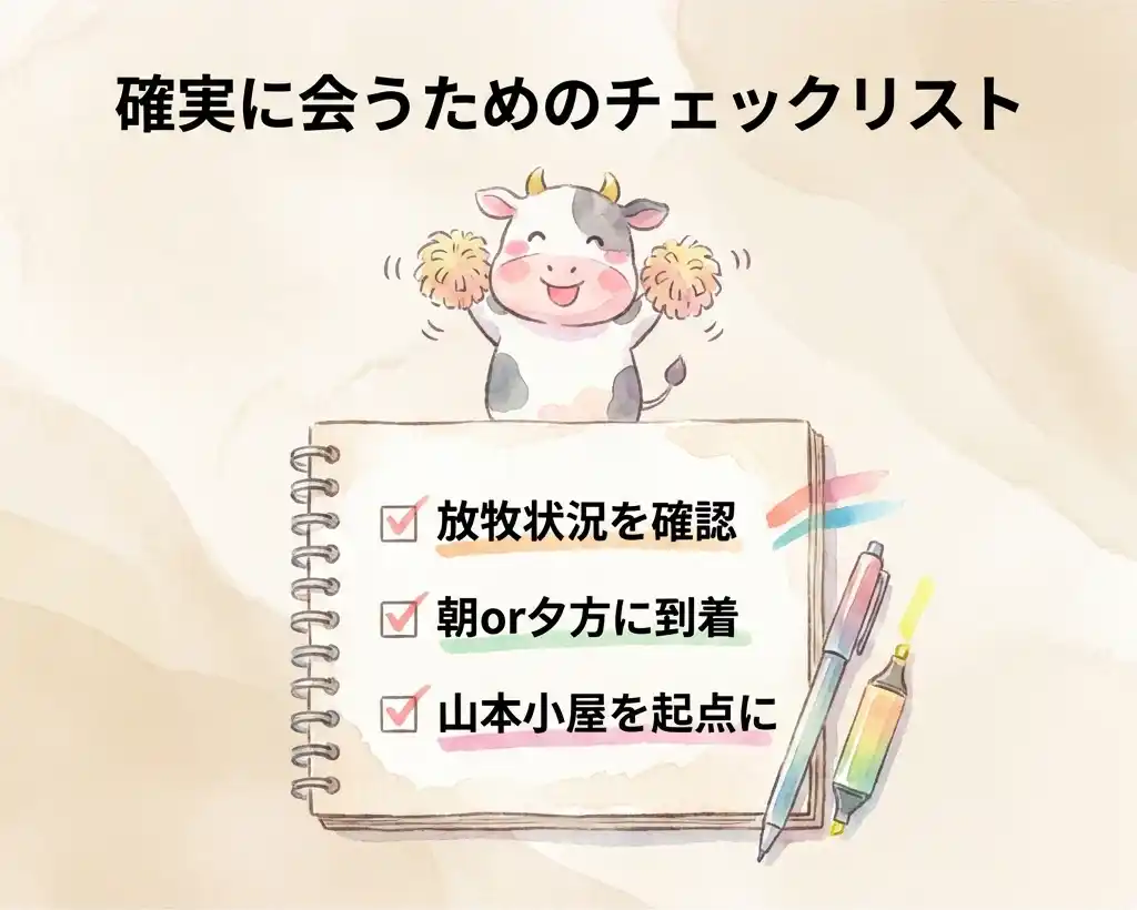 美ヶ原高原で確実に牛に会うための事前確認チェックリスト、放牧状況確認・朝夕到着・山本小屋起点の3項目を応援する牛のキャラクターと一緒に表示