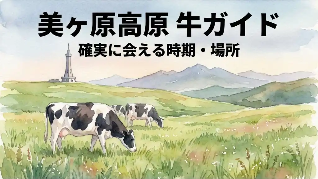 美ヶ原高原の広大な草原で草を食むホルスタイン種の牛2〜3頭と背景に美しの塔のシルエットが見える水彩画風イラスト