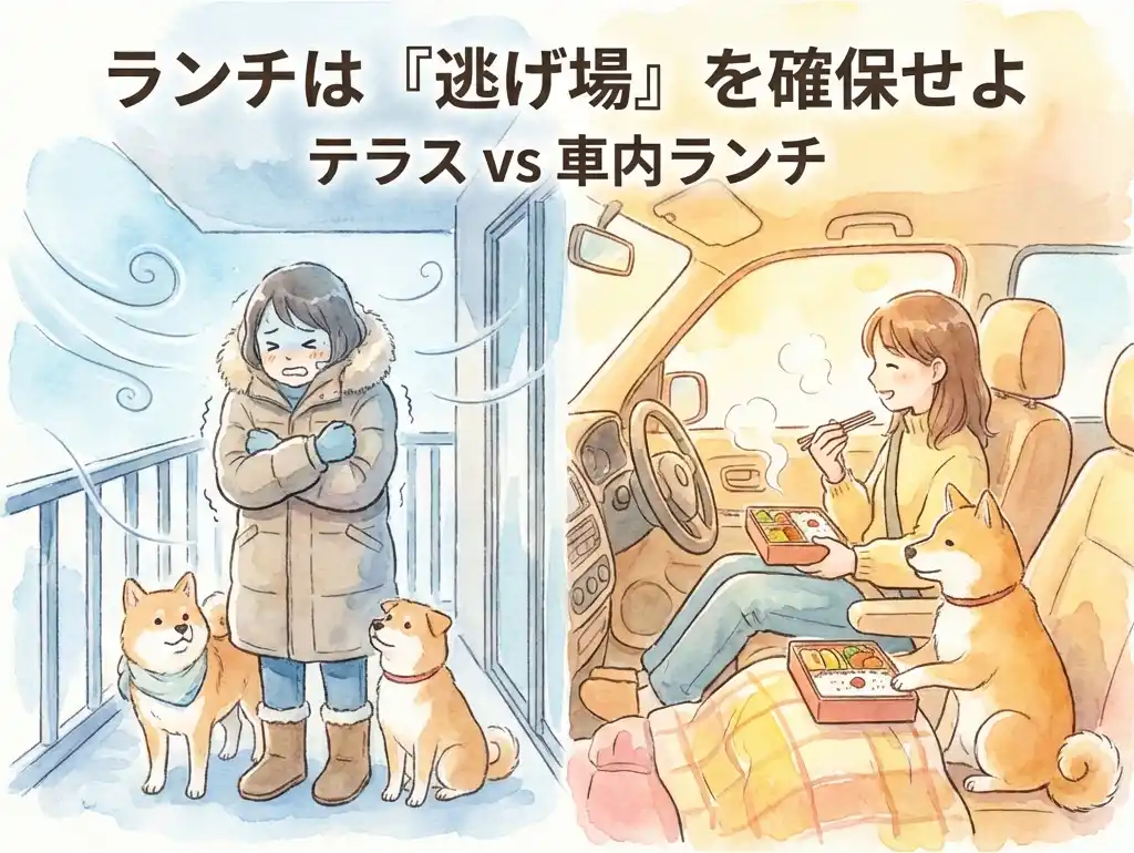 美ヶ原高原でのランチ選択を示す比較イラスト。左は寒風に震えるテラス席、右は暖かい車内でお弁当を楽しむ犬連れファミリー。「テラス vs 車内ランチ」のテキスト入り。