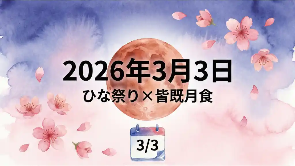 水彩画風イラストで描かれた2026年3月3日のカレンダーアイコンと赤銅色の皆既月食、桃の花びらが舞う神秘的な夜空