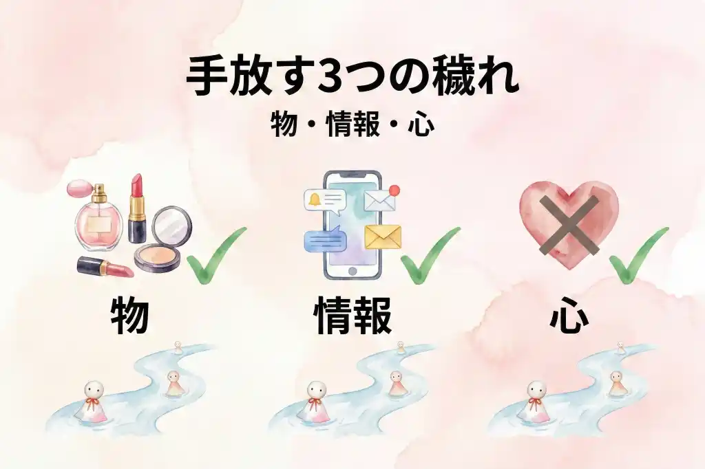 皆既月食の夜に手放すべき3つの穢れ（物理的・情報・心）を示すアイコンと流し雛のイラスト、チェックリスト形式