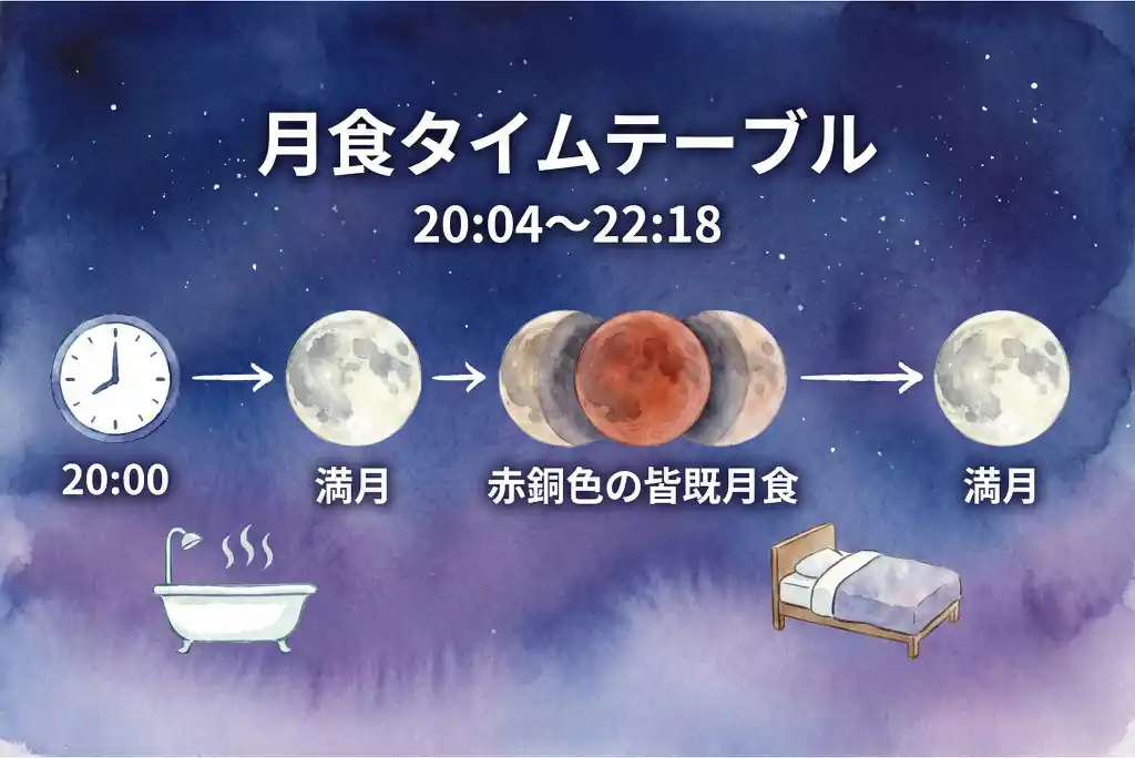 2026年3月3日皆既月食の開運タイムテーブル、20:04から22:18までの月の変化と入浴・就寝などの行動アイコン