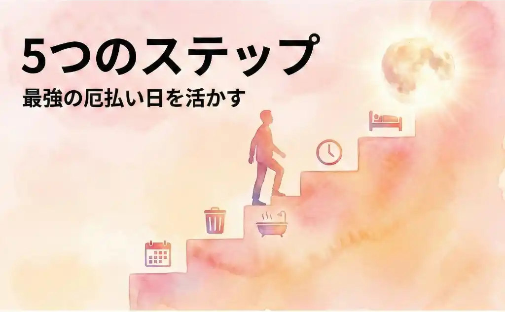 皆既月食の夜を活かす5つのステップを示す階段を登る人のシルエット、頂上に輝く満月の水彩画風イラスト