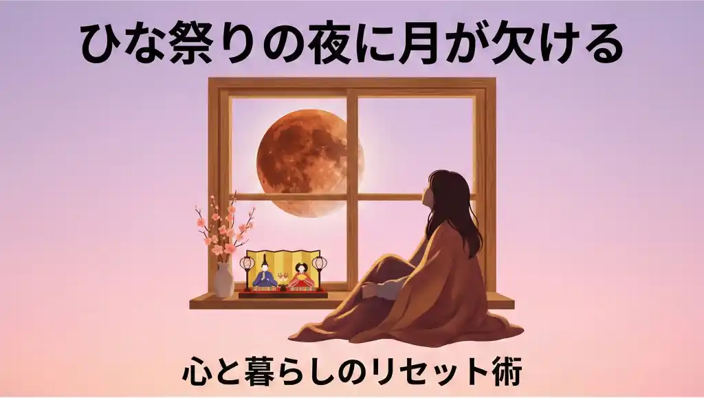 月食の影響で眠気を感じる女性と頭上に浮かぶ月のアイコン、水彩画風の柔らかいラベンダー色の背景