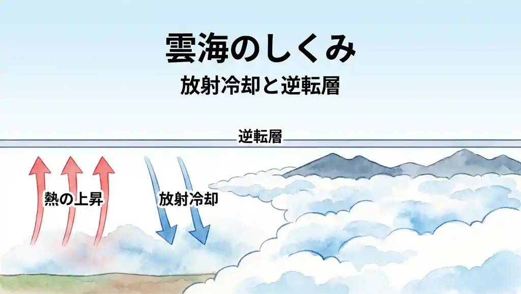 雲海発生のメカニズムを示す図解イラスト。放射冷却で地面から熱が上昇し、逆転層が雲の天井となって雲海を形成する様子を水彩タッチで解説