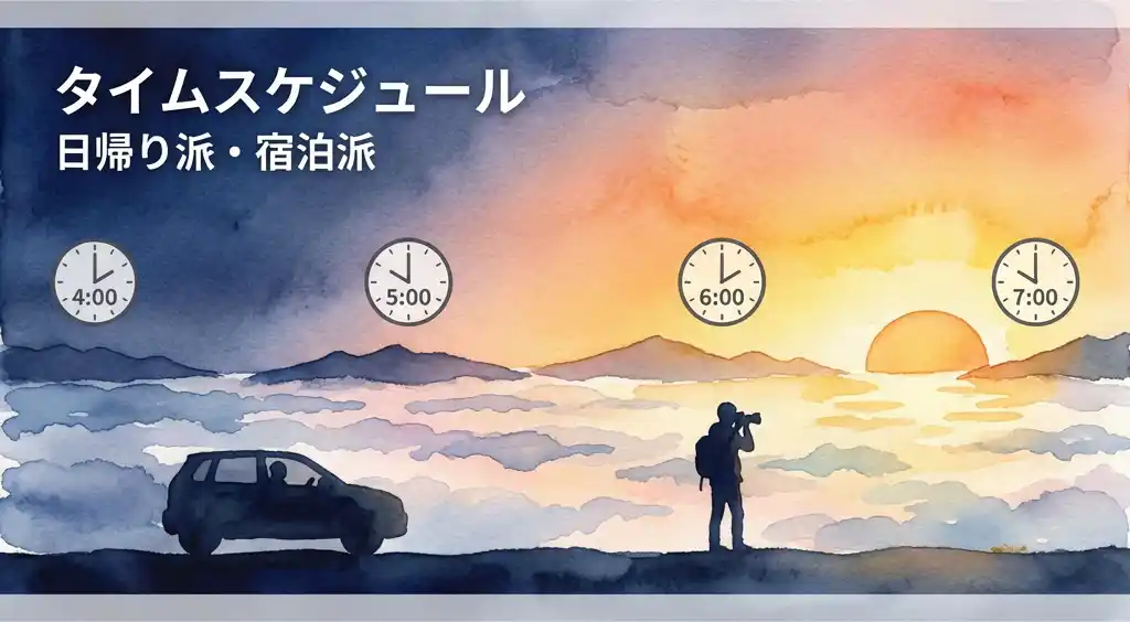 雲海撮影のタイムスケジュールを示すイラスト。4時から7時までの時計、車で移動する人、カメラを構える人物が夜明けから日の出の雲海を背景に描かれている
