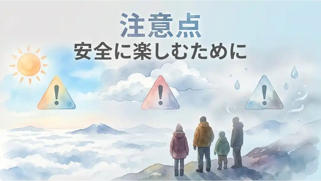 雲海鑑賞の注意点を示すイラスト。晴れから曇り、霧への天気変化と注意マークが描かれ、防寒着を着た家族が雲海を見ている水彩タッチのイラスト