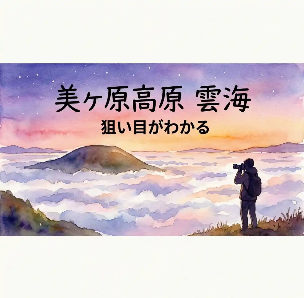 夜明け前の美ヶ原高原でカメラを構える人物のシルエットと雲海の水彩イラスト。紫からオレンジへのグラデーション空が美しい