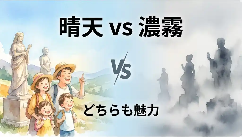美ヶ原高原美術館の晴天と濃霧を左右で対比した水彩画風イラスト、どちらの天候でも楽しめる魅力を表現