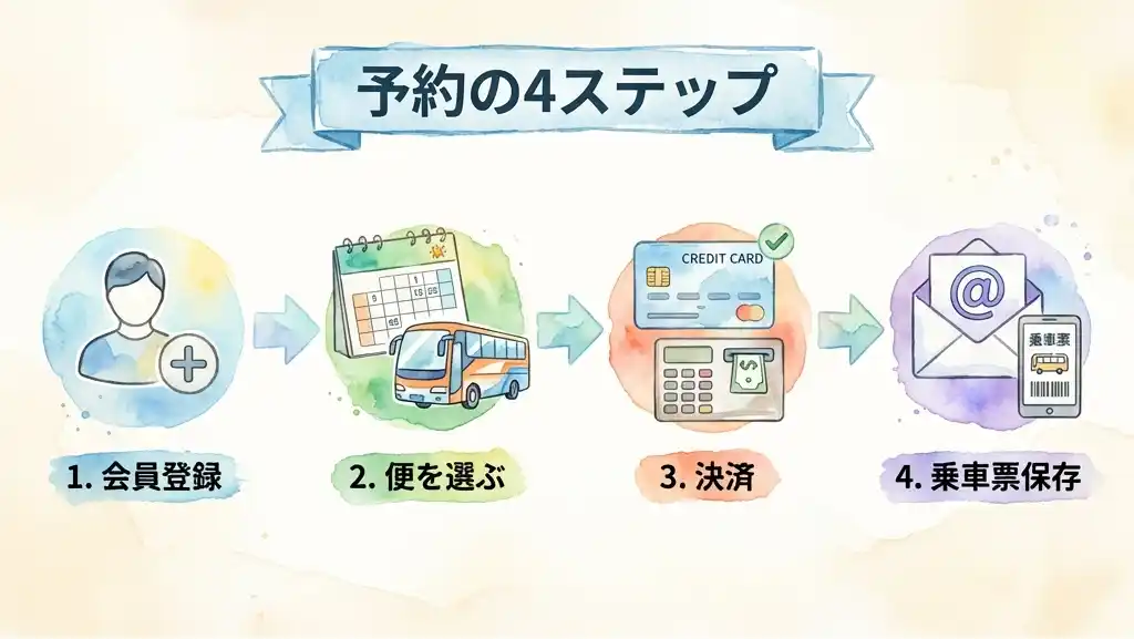 会員登録アイコン、カレンダーとバス選択画面、クレジットカード、メールと乗車票が順番に矢印でつながっている4ステップの流れ