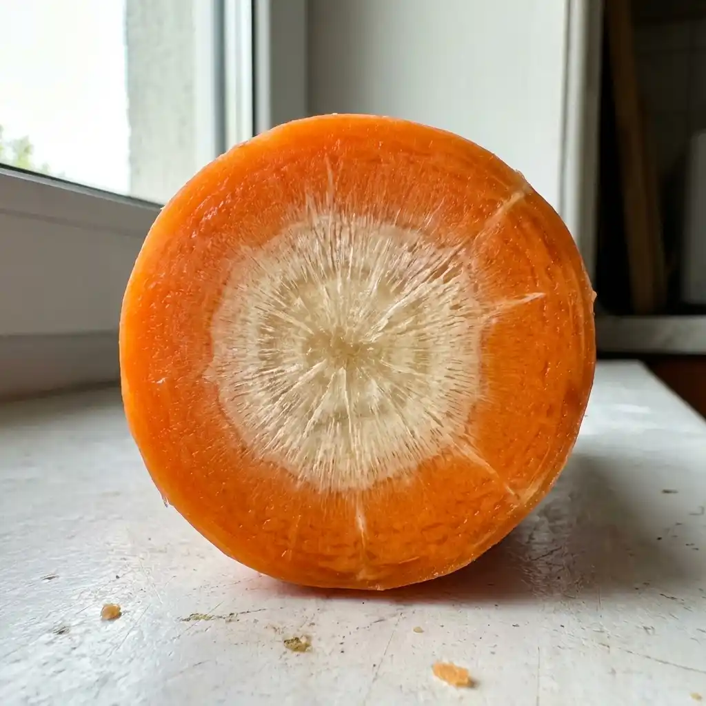 とう立ち人参の断面:中心が白〜クリーム色で、綿毛やぬめりがない状態