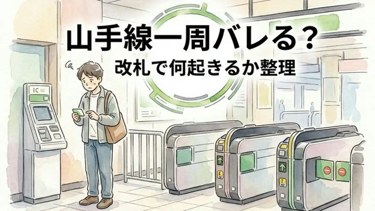 朝の駅の改札前で立ち止まる人物が切符とICカードを見比べ、山手線一周の不安と改札処理の違いを整理して、次に有人改札へ向かう判断をする概念図。