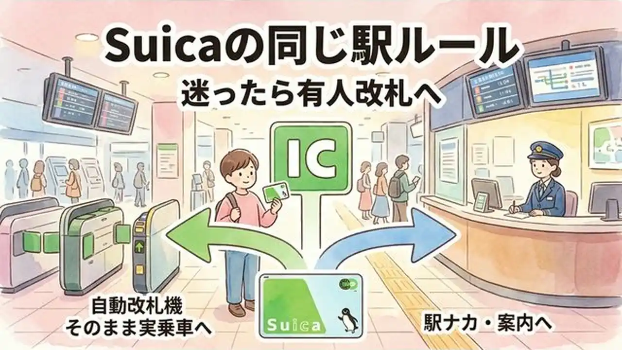 Suicaを持った人物が改札前で駅ナカ利用と実乗車の分岐を確認し、同じ駅へ戻ったときは有人改札へ進む判断をするフロー図で、読者が相談先を分かる。