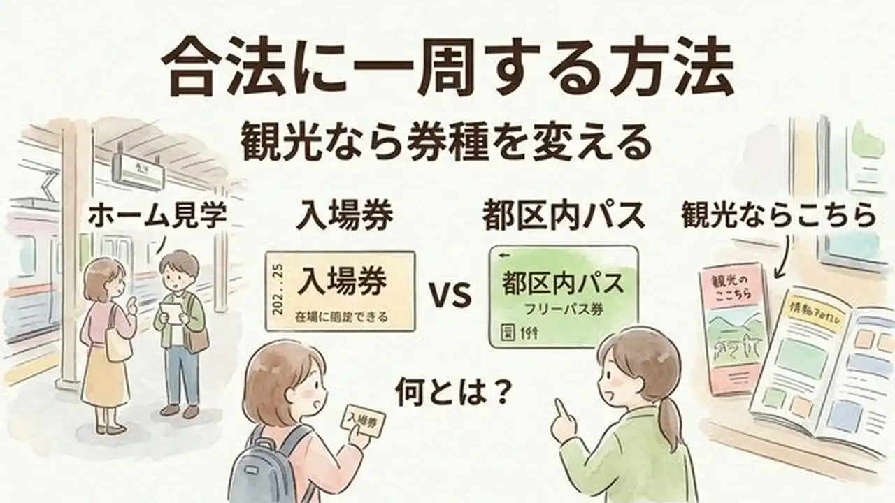 山手線の駅のテーブルで券種を見比べる人物が入場券と都区内パスを並べ、ホーム見学・乗車・周遊の違いから山手線一周に合う選択を判断する比較図である。
