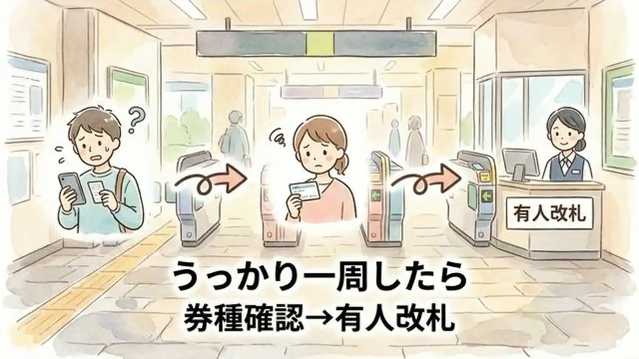 改札前の少し焦った人物が山手線の駅でスマホと切符を見比べ、券種確認と有人改札への相談先を整理して、うっかり一周時の行動と再発防止の順番を判断するフロー図である。