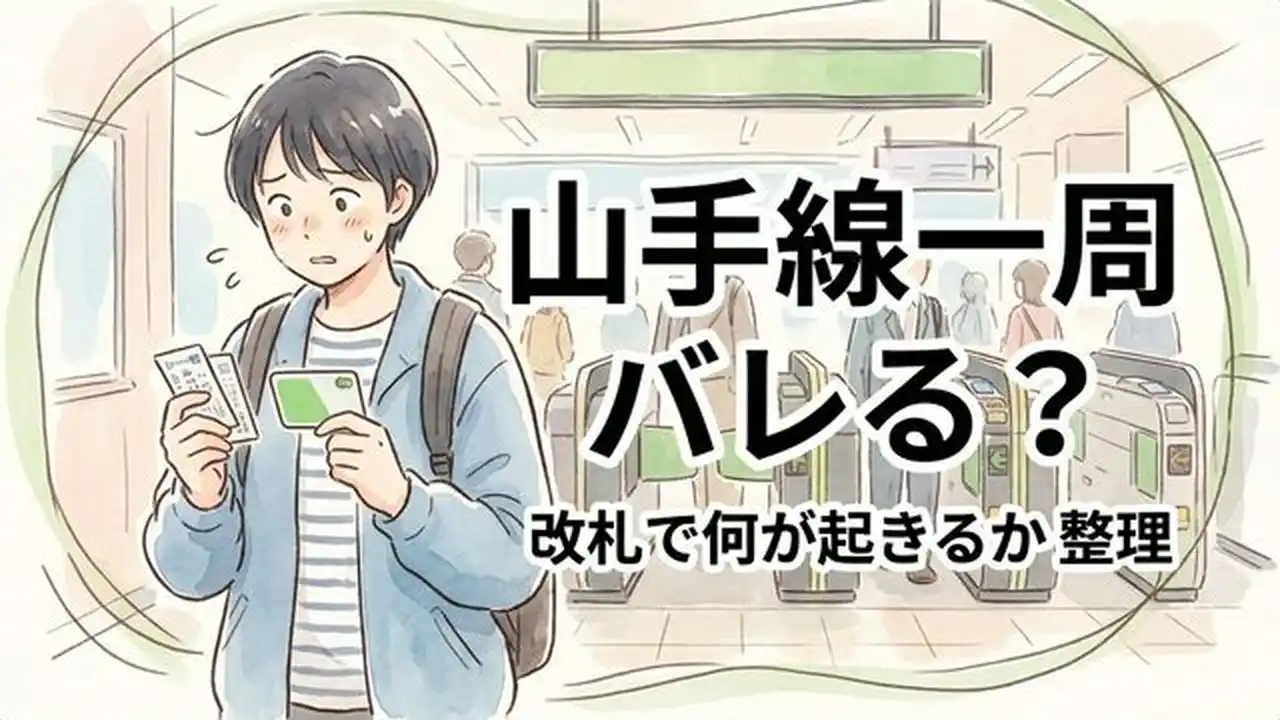 朝の駅の改札前で切符とICカードを見比べる人物が立ち止まり、改札不安と有人改札で確認するポイントを整理して、次の行動を判断するサムネイル図解。