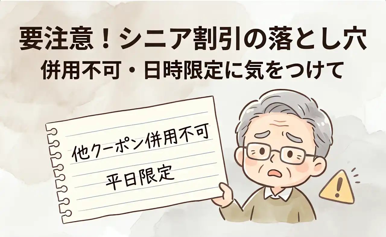 他クーポン併用不可や平日限定などのシニア割引の落とし穴に戸惑うシニア男性と注意書きメモのイラスト