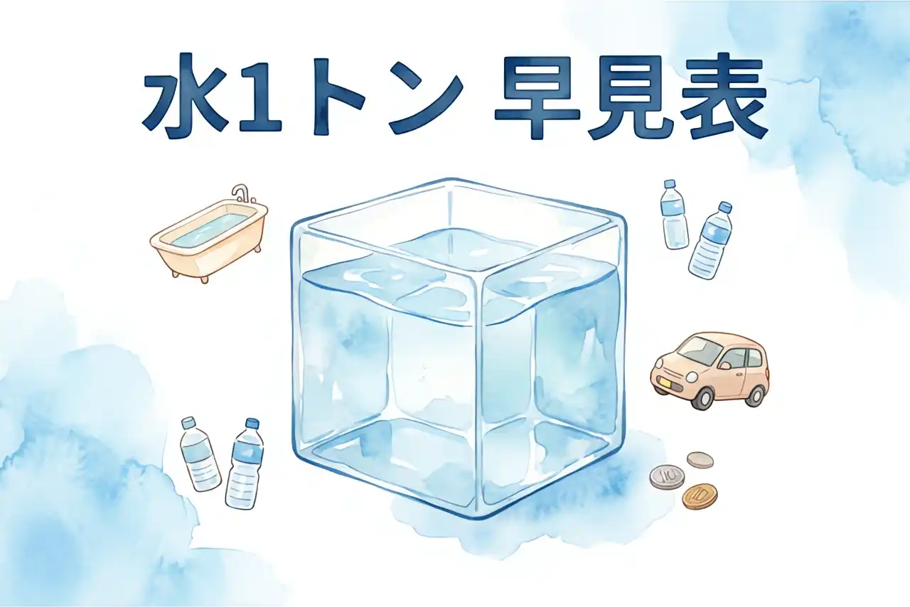 水1トン分の水が入った1m³の透明な立方体、その周囲にお風呂・ペットボトル・軽自動車・コインが並ぶ早見表