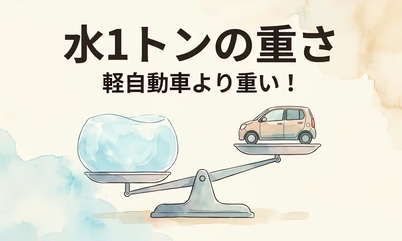 水1トンと軽自動車を天秤にかけ、水の方が重く傾いている重さの比較図
