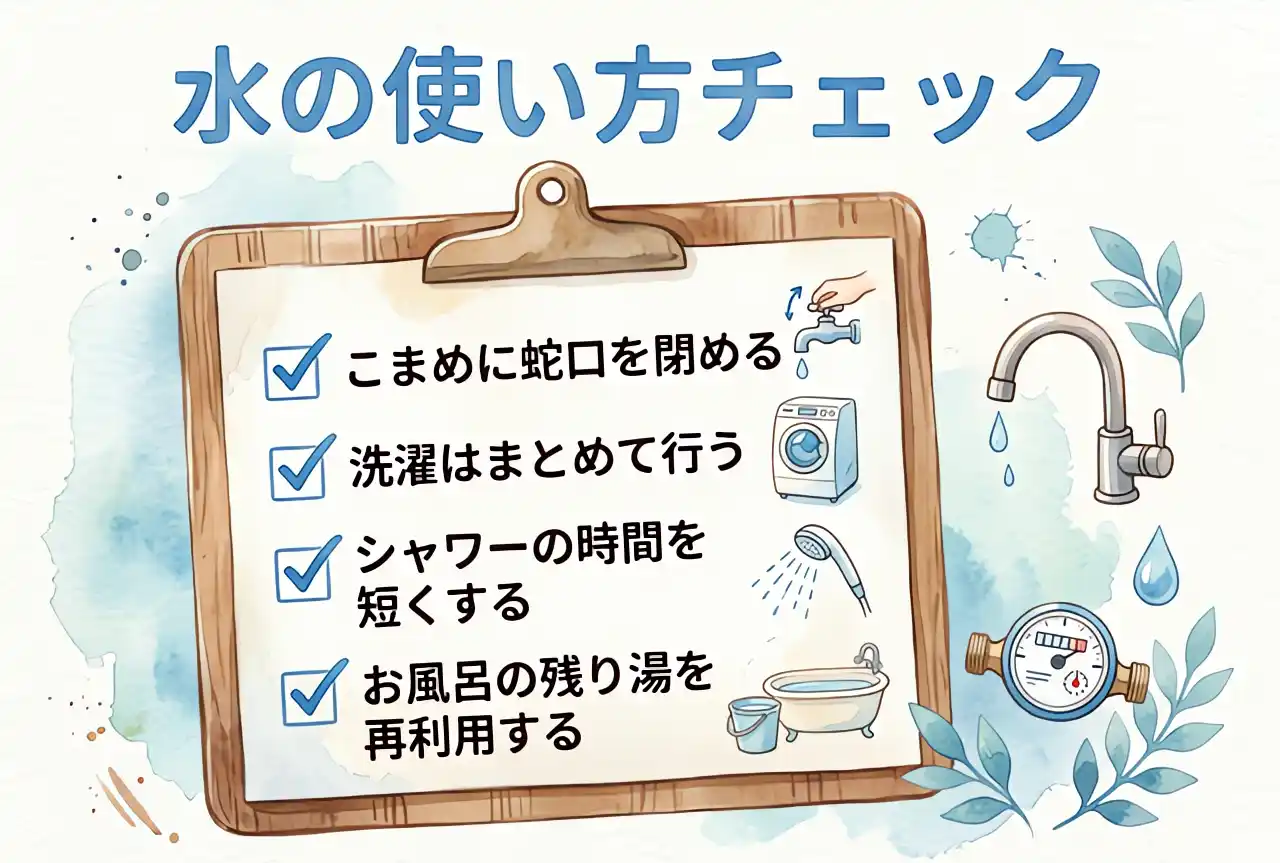 蛇口を閉める・洗濯をまとめる・シャワーを短く・残り湯を再利用する、の4項目が書かれた水の使い方チェックリスト