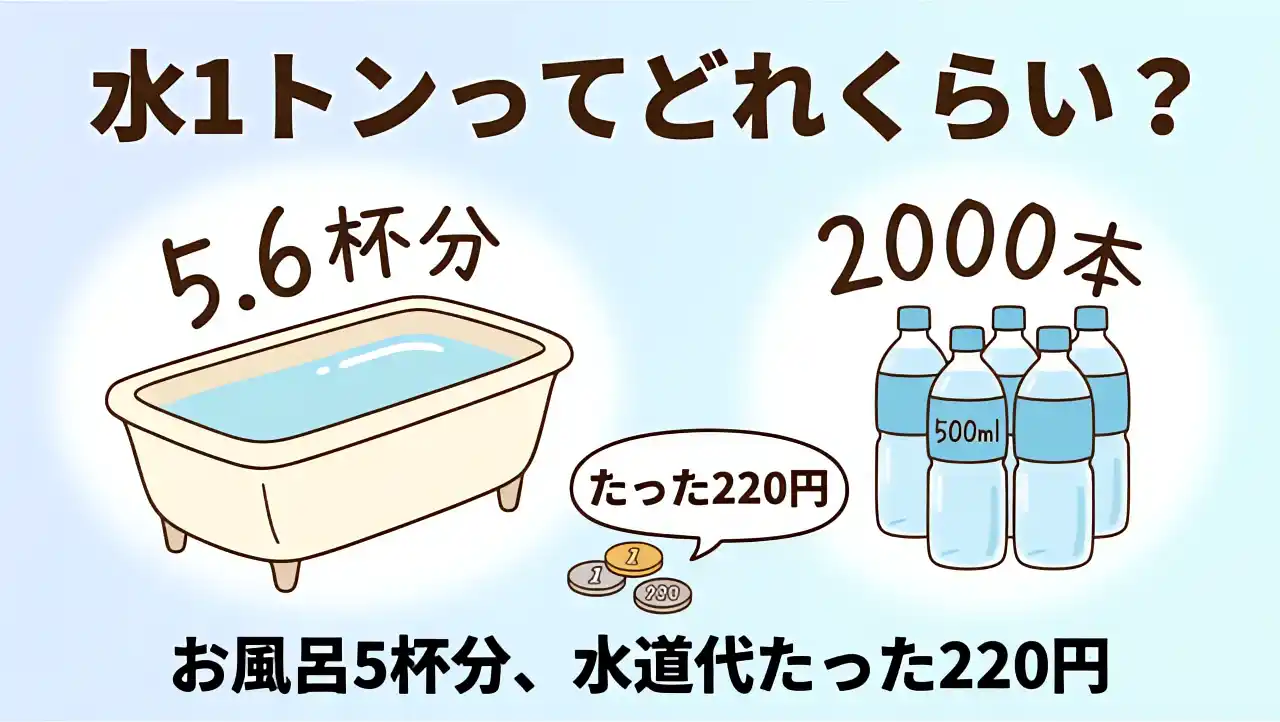 水1トンってどれくらい？お湯が張られた浴槽の横に「5.6杯分」、ペットボトルの横に「2000本」と表示された比較図