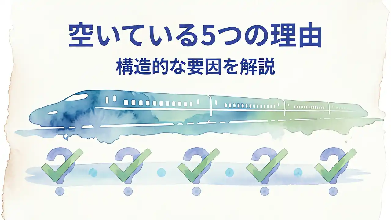 新幹線13号車が空いている5つの構造的な要因を示す、16両編成の新幹線のシルエットとチェックマークの図解