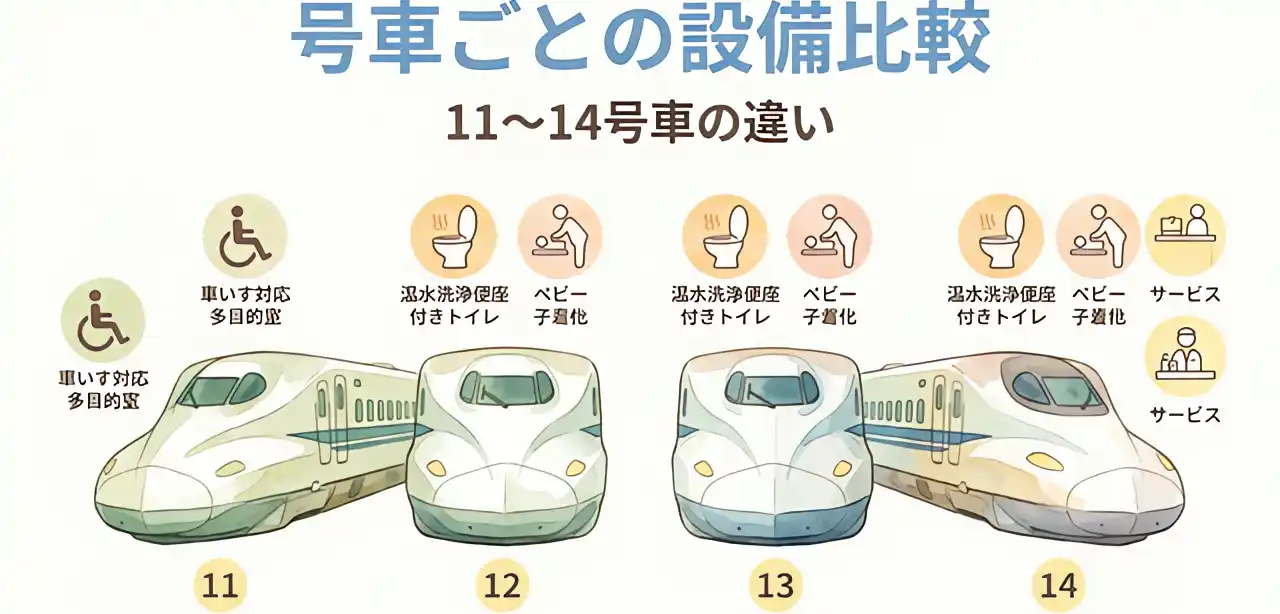 新幹線の11・12・13・14号車ごとの多目的室やトイレなどの設備構成の違いを比較した温かみのあるイラスト図解