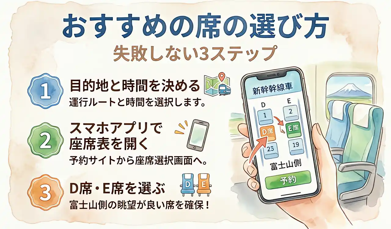 スマホアプリで新幹線のD席・E席をスムーズに予約している様子と、失敗しない座席の選び方の3ステップを解説する図解