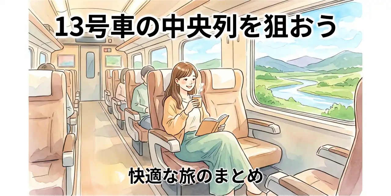 窓の外の爽やかな景色を見ながら新幹線13号車の中央列で快適に過ごしている乗客を描いた水彩画風イラスト