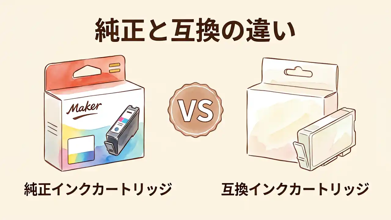 純正インクカートリッジと互換インクカートリッジをVSマークで比較した水彩画風イラスト。純正は鮮やかなパッケージ、互換はシンプルなパッケージで描かれている