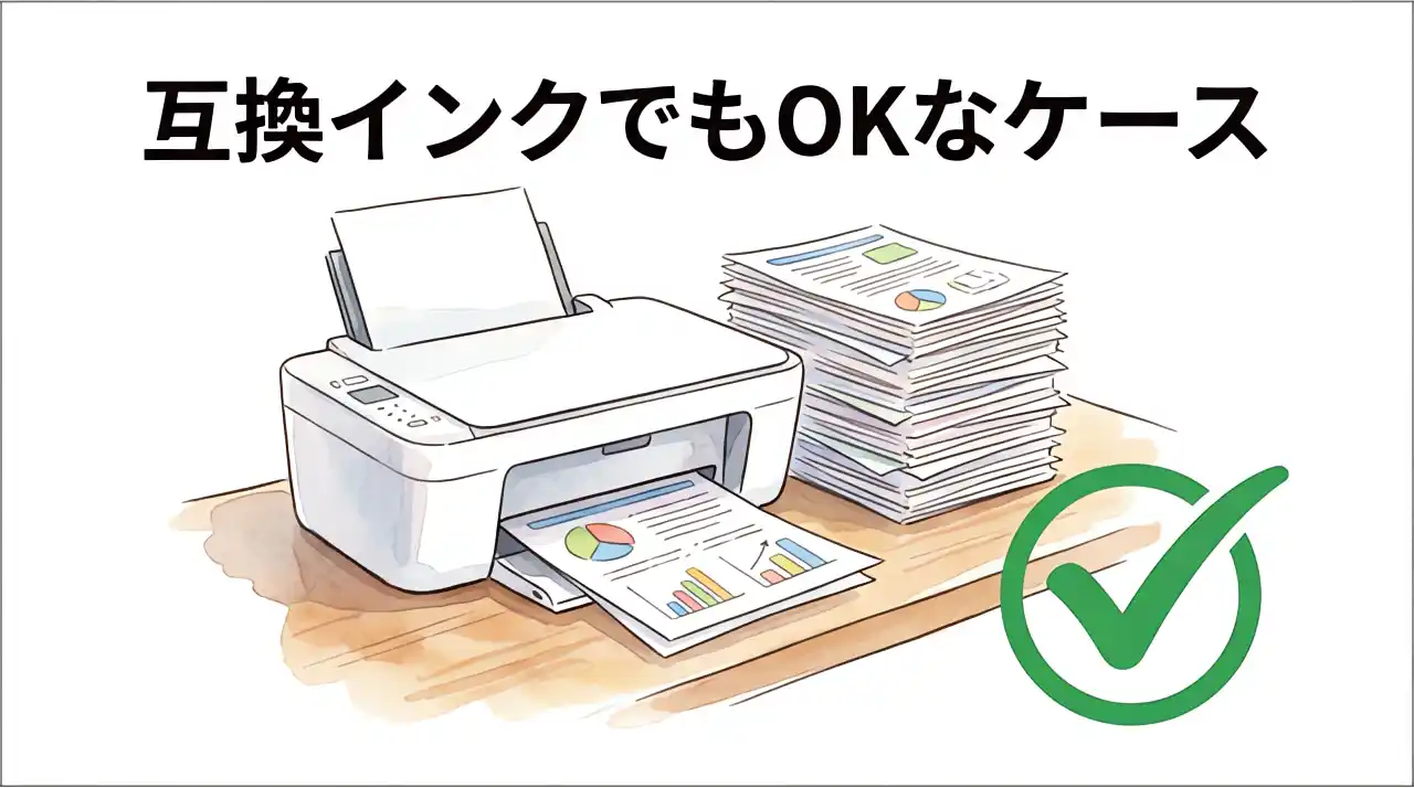 デスク上のプリンターと積み上がった文書の横にOKチェックマークが描かれた水彩画イラスト。文書印刷メインなら互換インクでも問題が少ないことを表現