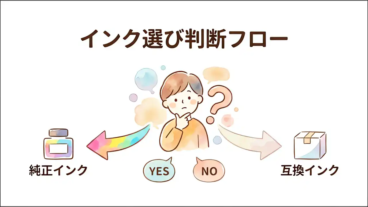 クエスチョンマークを持って考えている人物の水彩画イラスト。左に純正インクへの矢印、右に互換インクへの矢印、中央にYES/NOの分岐が描かれた判断フロー図
