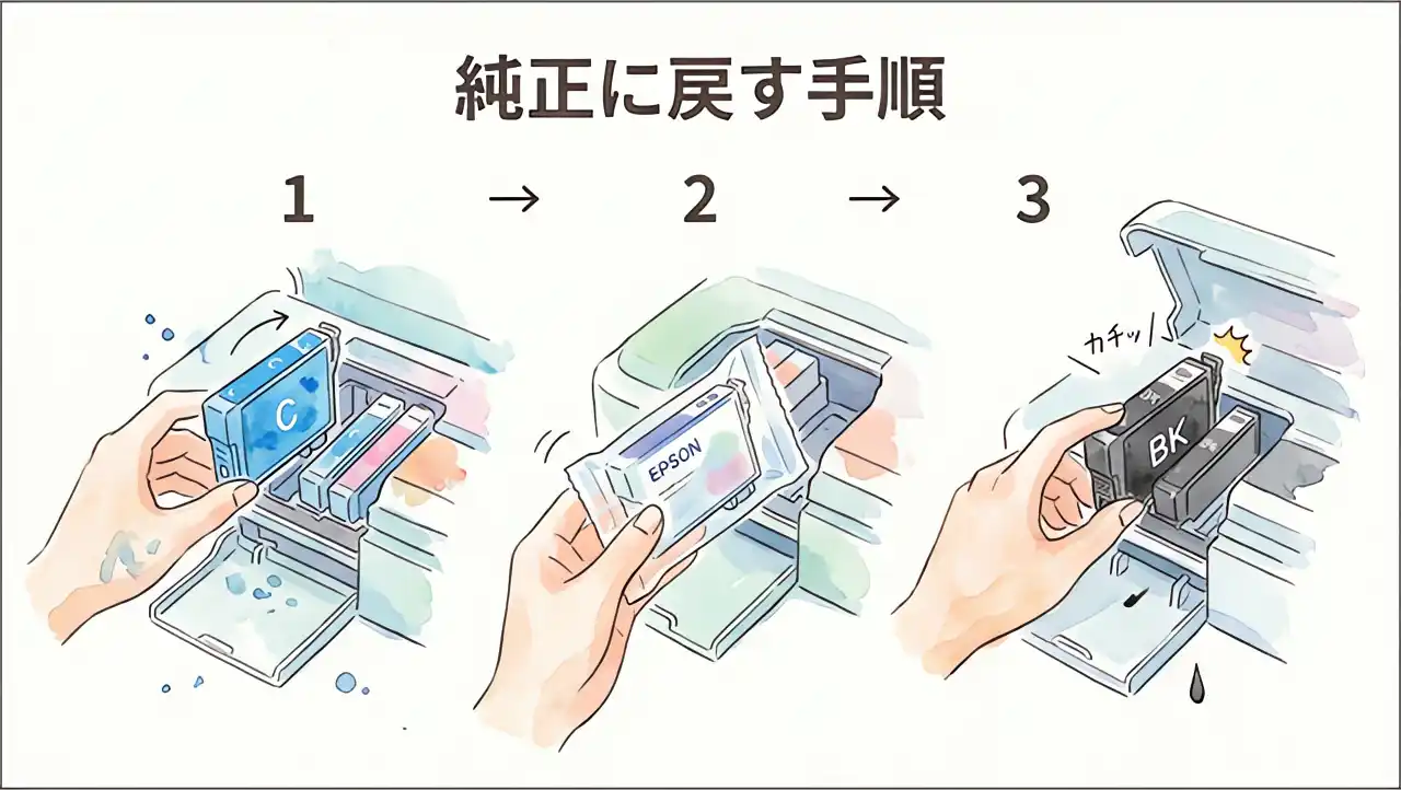 プリンターにインクカートリッジを装着する手順を1→2→3のステップで示した水彩画イラスト。互換インクから純正インクへの交換手順を視覚的に解説