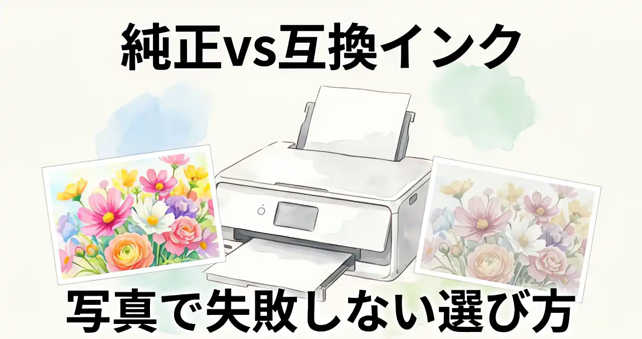 水彩画タッチで描かれた家庭用プリンターと、純正インクで印刷した鮮やかな花の写真と互換インクで印刷したやや褪せた花の写真を並べた比較イラスト