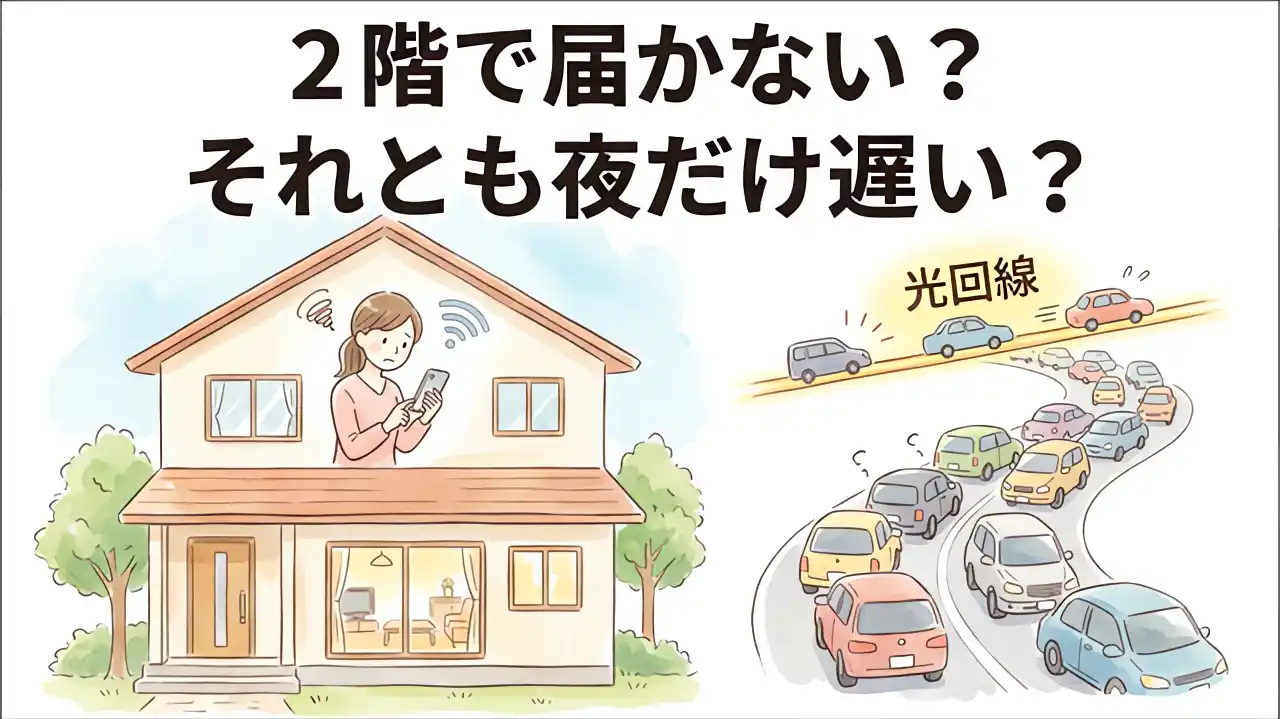 2階でWi-Fiが届かない原因と夜だけ遅い原因の違いを表す図解（家の中で困っている人物と光回線の外側で通信が渋滞している車のイラスト）