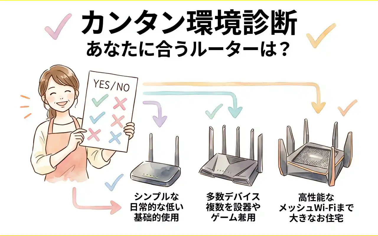 あなたに合うWi-Fiルーターが分かるカンタン環境診断（YES/NOチェックリストを持つ女性と、それに繋がる3種類のルーターのイラスト）