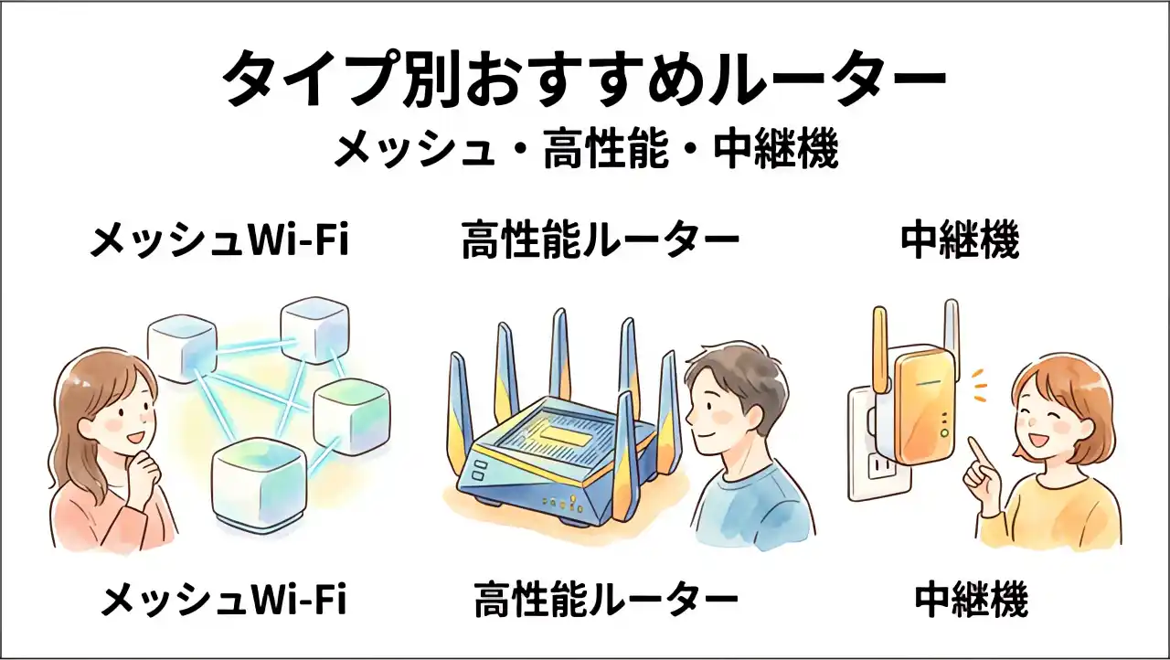 タイプ別おすすめルーターの分かりやすい比較図解（メッシュWi-Fi、高性能ルーター、中継機の3種類を笑顔で見比べる人物のイラスト）