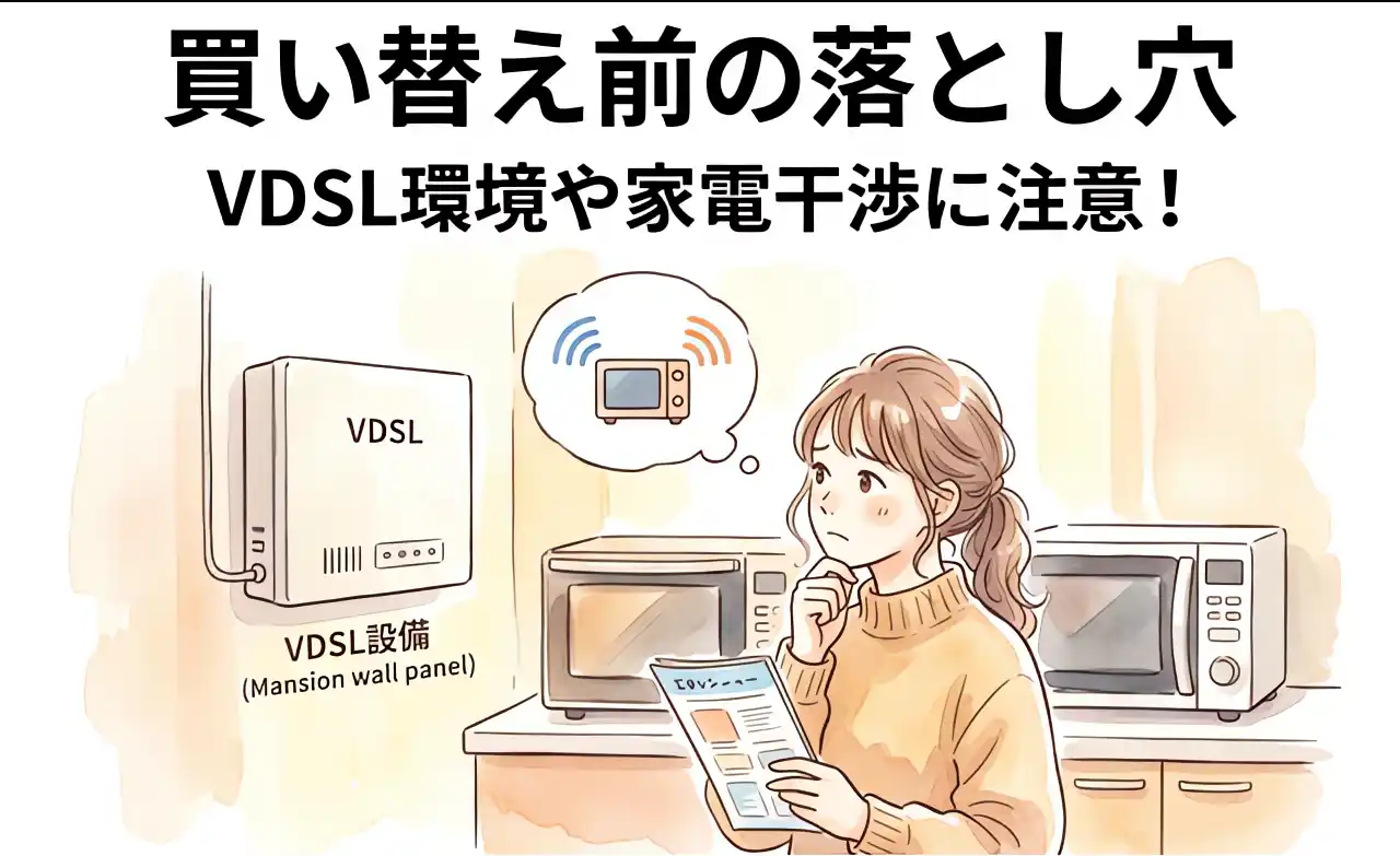 ルーター買い替え前の落とし穴であるVDSL環境や家電干渉への注意喚起（マンションのVDSL設備や電子レンジなどの干渉源に気づいた女性のイラスト）