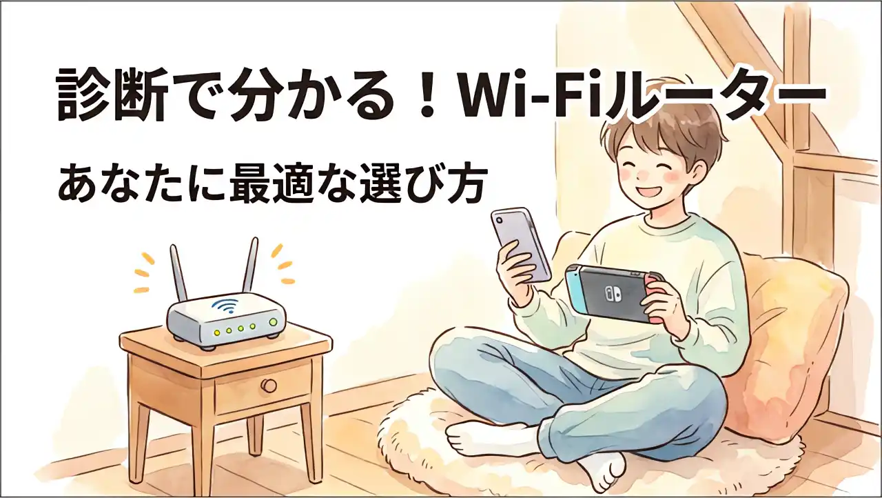 診断で分かるあなたに最適なWi-Fiルーターの選び方（2階の部屋で快適にスマートフォンやゲームを楽しむ親しみやすい人物とデフォルメされたルーター）